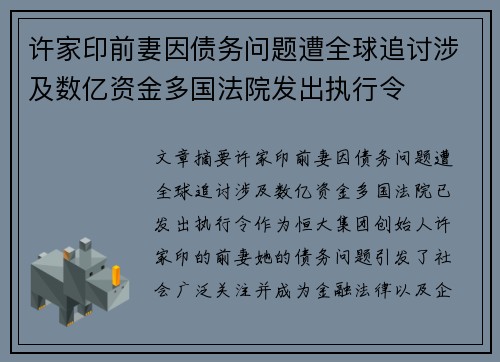 许家印前妻因债务问题遭全球追讨涉及数亿资金多国法院发出执行令