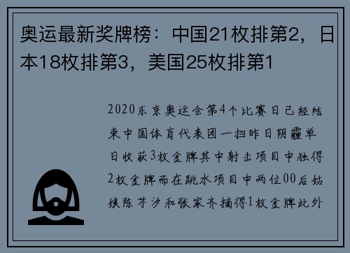 奥运最新奖牌榜：中国21枚排第2，日本18枚排第3，美国25枚排第1