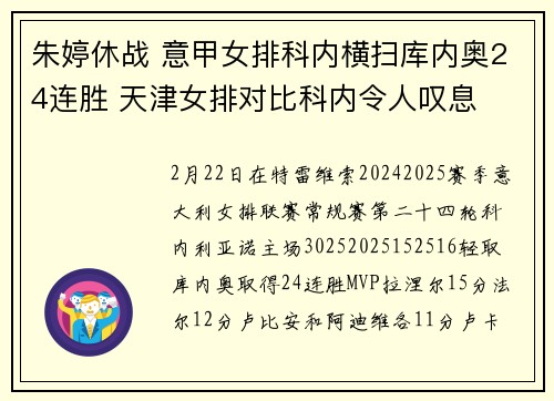 朱婷休战 意甲女排科内横扫库内奥24连胜 天津女排对比科内令人叹息