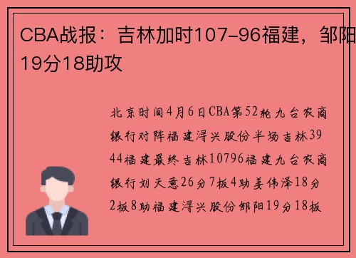 CBA战报：吉林加时107-96福建，邹阳19分18助攻