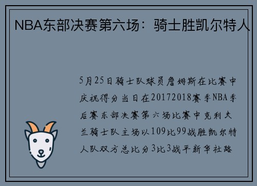 NBA东部决赛第六场：骑士胜凯尔特人