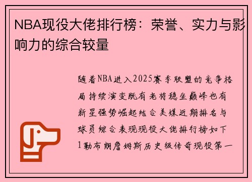 NBA现役大佬排行榜：荣誉、实力与影响力的综合较量