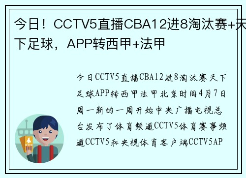 今日！CCTV5直播CBA12进8淘汰赛+天下足球，APP转西甲+法甲