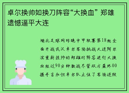 卓尔换帅如换刀阵容“大换血” 郑雄遗憾逼平大连